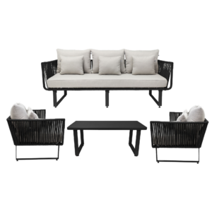 Vallarta sala 3+1+1+ mesa metal negro cuerda negra cojinería curri