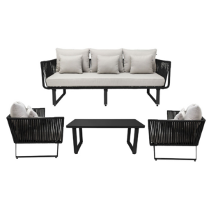 Vallarta sala 3+1+1+ mesa metal negro cuerda negra cojinería loneta exterior